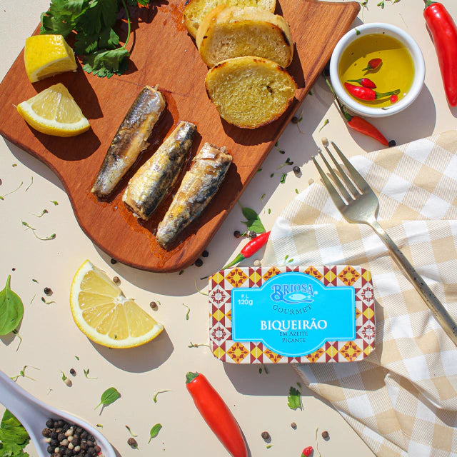 Whole Anchovies in Spicy Olive Oil by Briosa Gourmet served with bread, olive oil and lemon